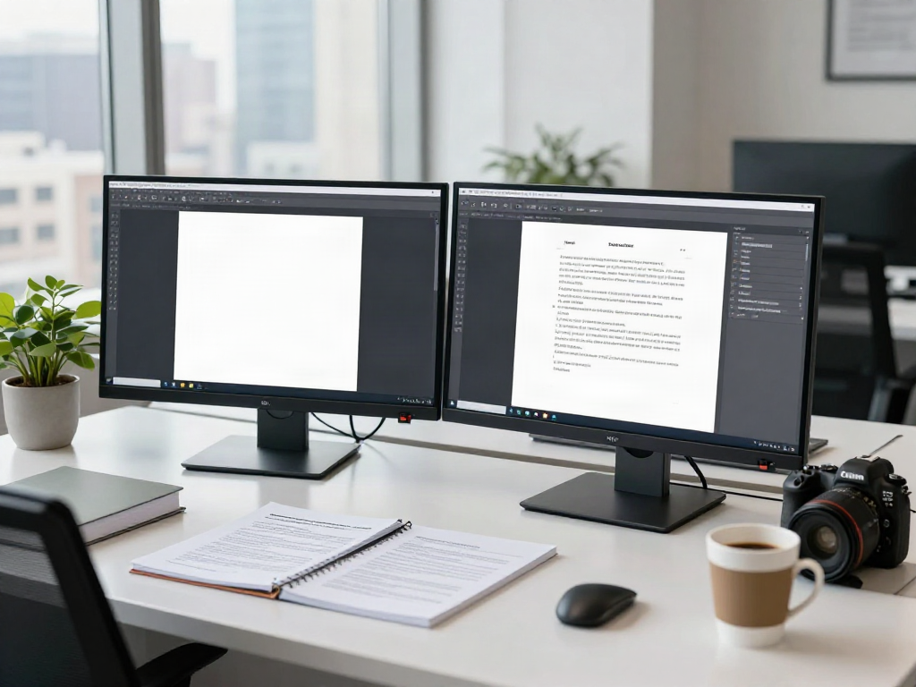 Legal Translation Dubai - Certified translator in modern office with dual monitors and legal documents.