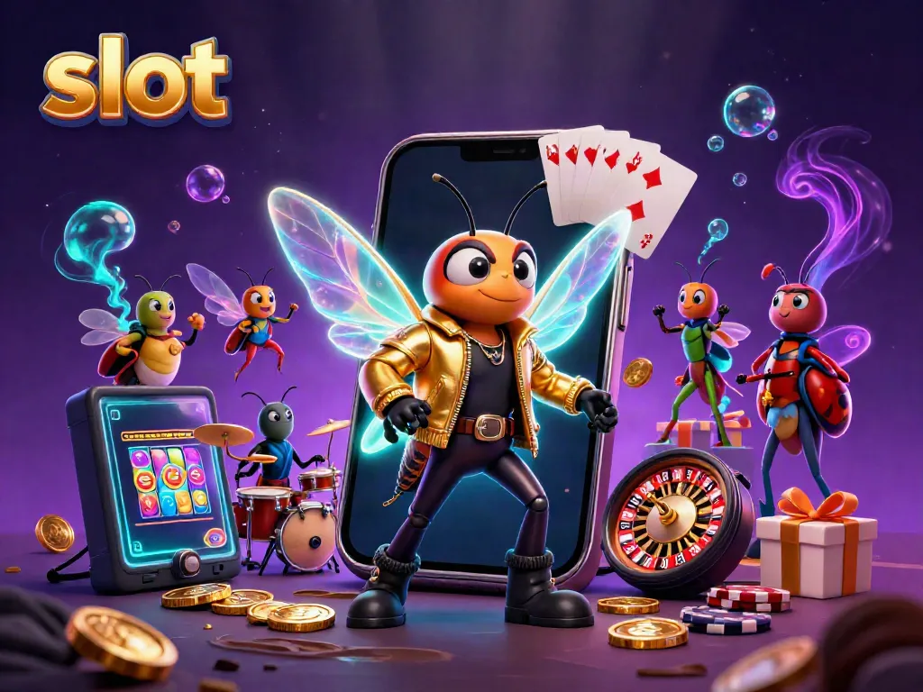 Slot yang menarik dengan karakter kartun dan elemen kasino yang kaya, dikelilingi oleh efek cahaya bioluminescent.