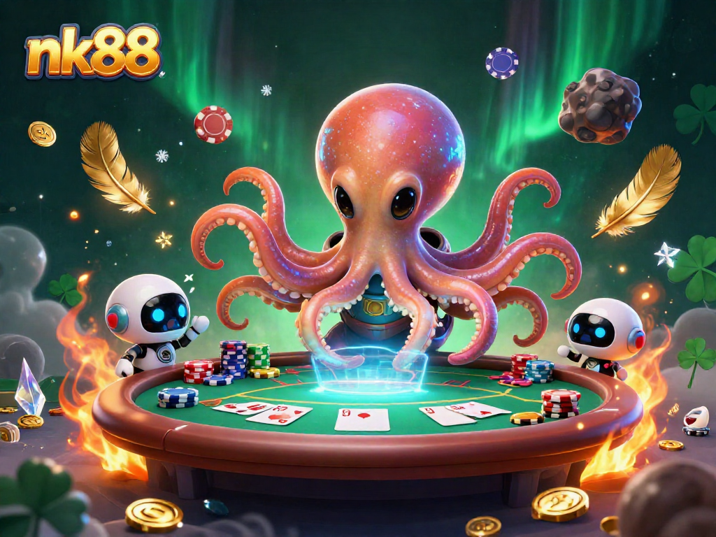 Engage with nk88's exciting poker action featuring a vibrant alien octopus at a holographic poker table.