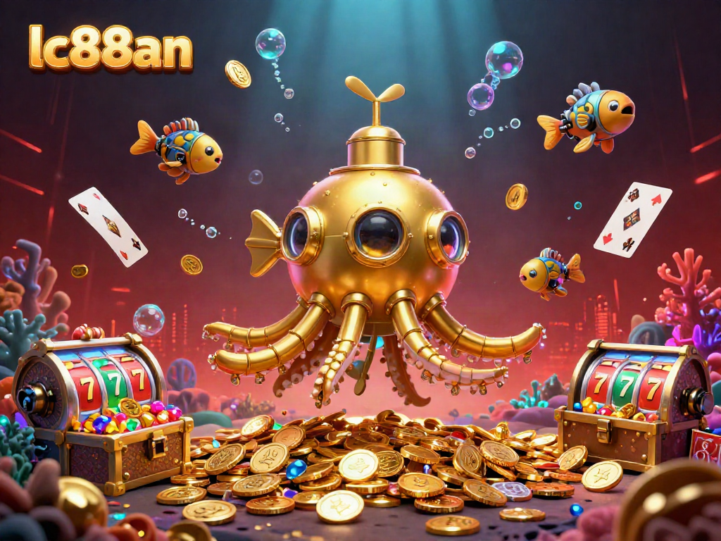 Experience the thrill with lc88an's golden kraken submarine surrounded by exciting casino elements.