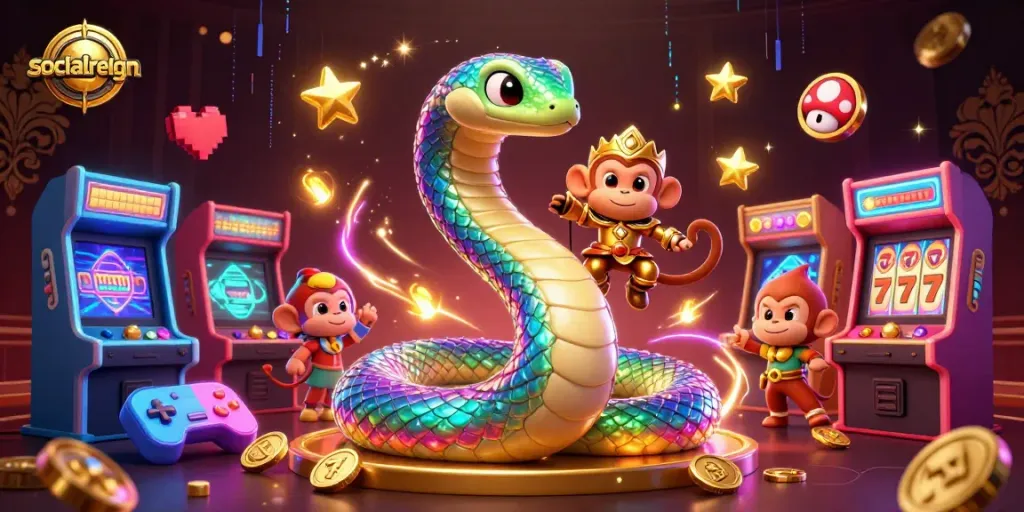 Engage in thrilling casino adventures with socialreign's vibrant illustration of a rainbow serpent and playful monkey king.