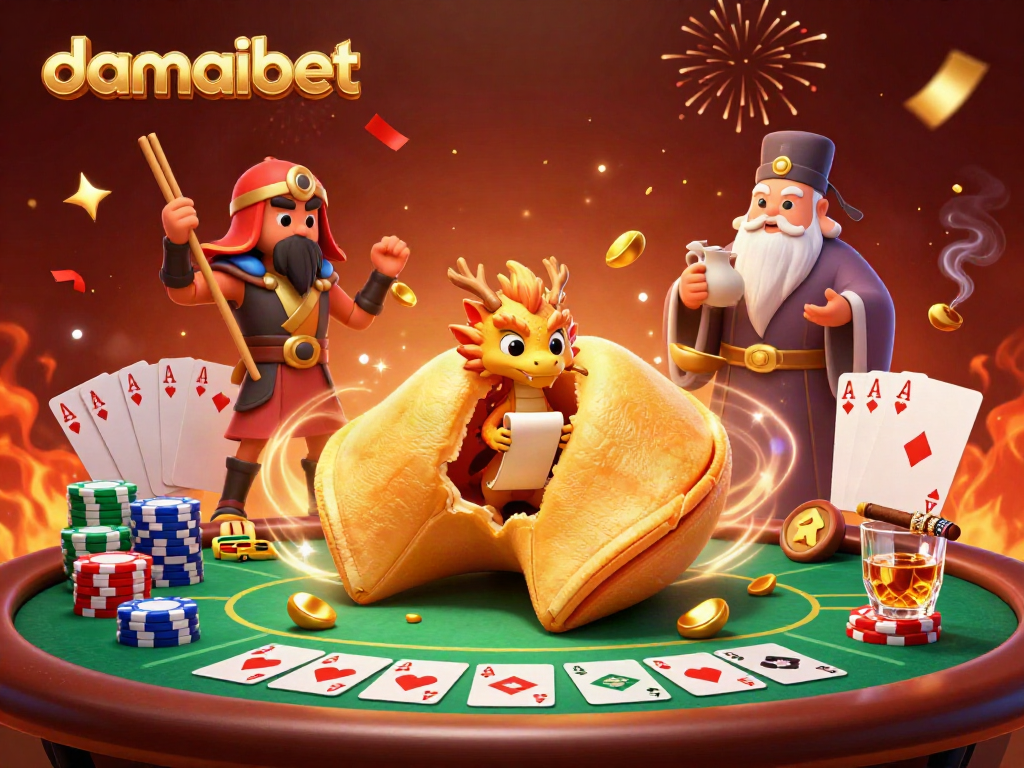 Engage the vibrant action of damaibet with a colorful 3D casino scene featuring fortune cookies and poker elements.