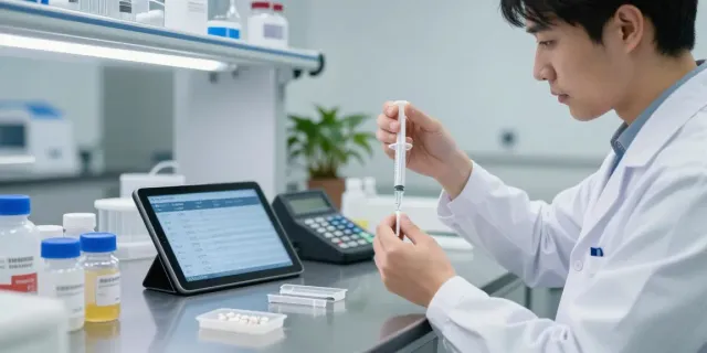 Researcher using a peptide dosage calculator for accurate dosing in a modern lab.