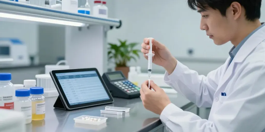 Researcher using a peptide dosage calculator for accurate dosing in a modern lab.