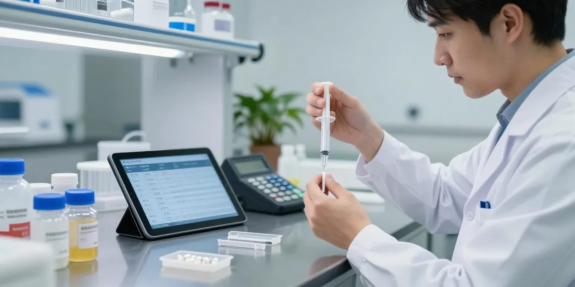 Researcher using a peptide dosage calculator for accurate dosing in a modern lab.