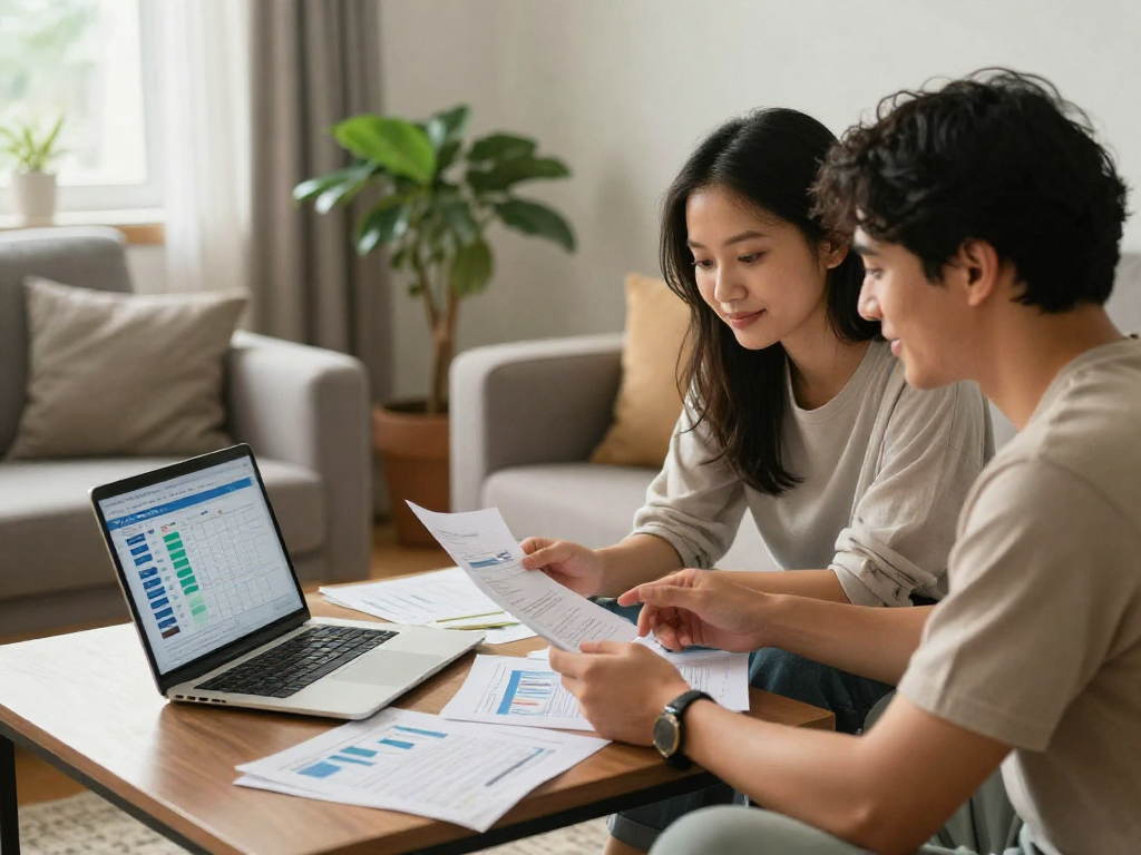 Couple sitting in a cozy living room discussing debt consolidation options with documents and laptop.