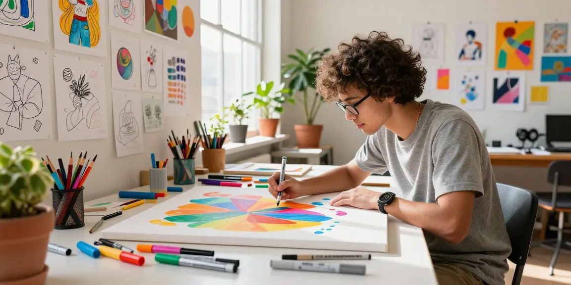 Marker pen supplier showcasing vibrant artist in a creative studio with colorful markers and sketches.