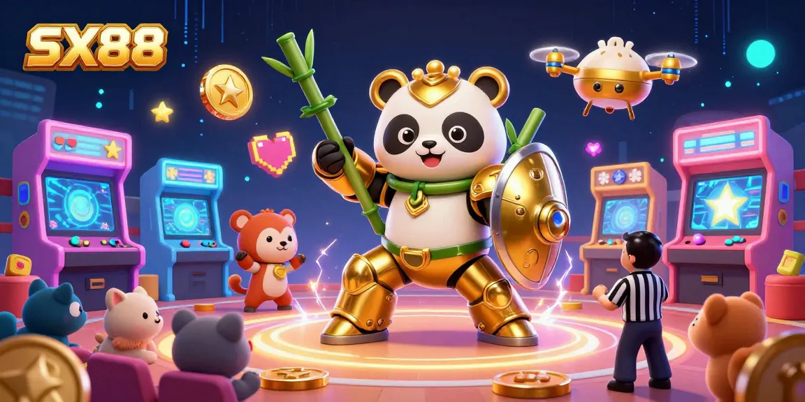 SX88 showcases a vibrant arcade scene with a mech-suit panda, floating power-ups, and game machines.