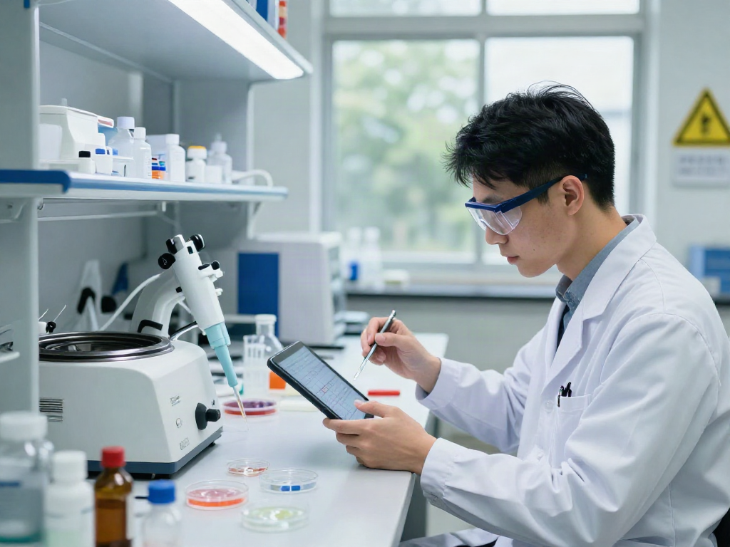 Scientist analyzing ac peptide samples in a professional lab setting, showcasing advanced health research.