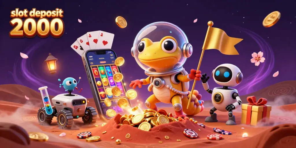 Spin reels, win big with slot deposit 2000 at an alien casino adventure, featuring vibrant 3D elements.