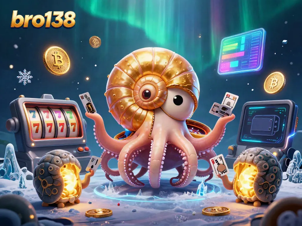 Spin the reels with bro138, featuring a giant nautilus holding cards amidst crypto coins and slot action.