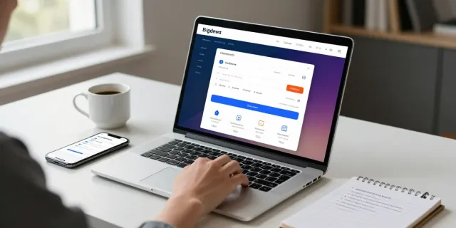 User navigating bigdewa login dashboard on a sleek laptop, natural light highlighting features in a modern workspace.