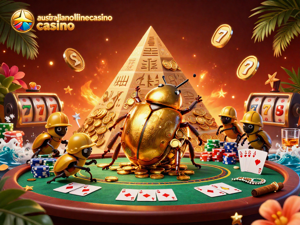 Experience the thrill with a vibrant scene of the australianonlinecasino casino where a golden beetle leads a lively casino adventure amidst cards, coins, and exhilarating games.