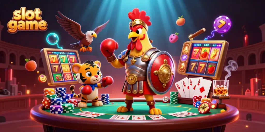 Spin the slot game alongside an epic showdown featuring a gladiator rooster and a boxing tiger cub.