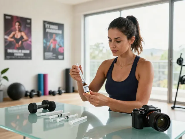 AOD 9604 peptide preparation in a bright home gym by a fitness enthusiast.
