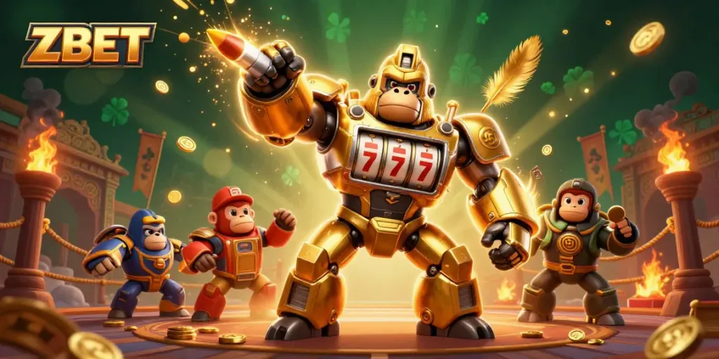 ZBET showcases a dynamic golden gorilla mech, bursting with coins and gaming symbols in an explosive casino-themed illustration.