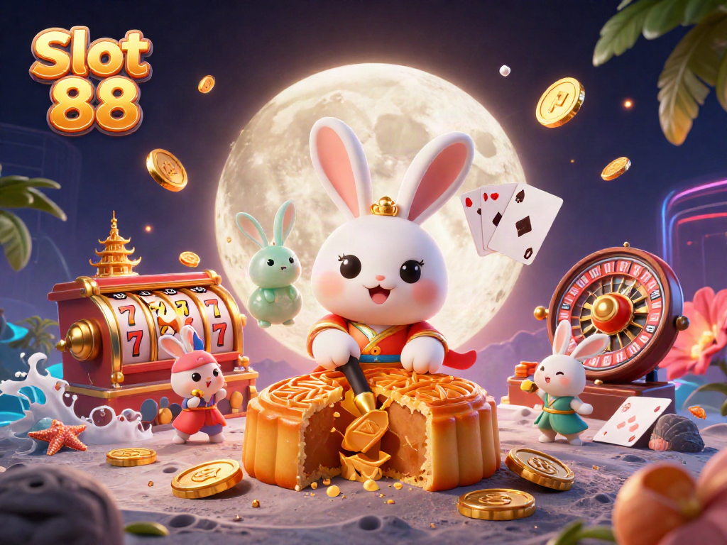 Experience the thrill of Slot 88 with a cartoon moon rabbit and lively casino elements.