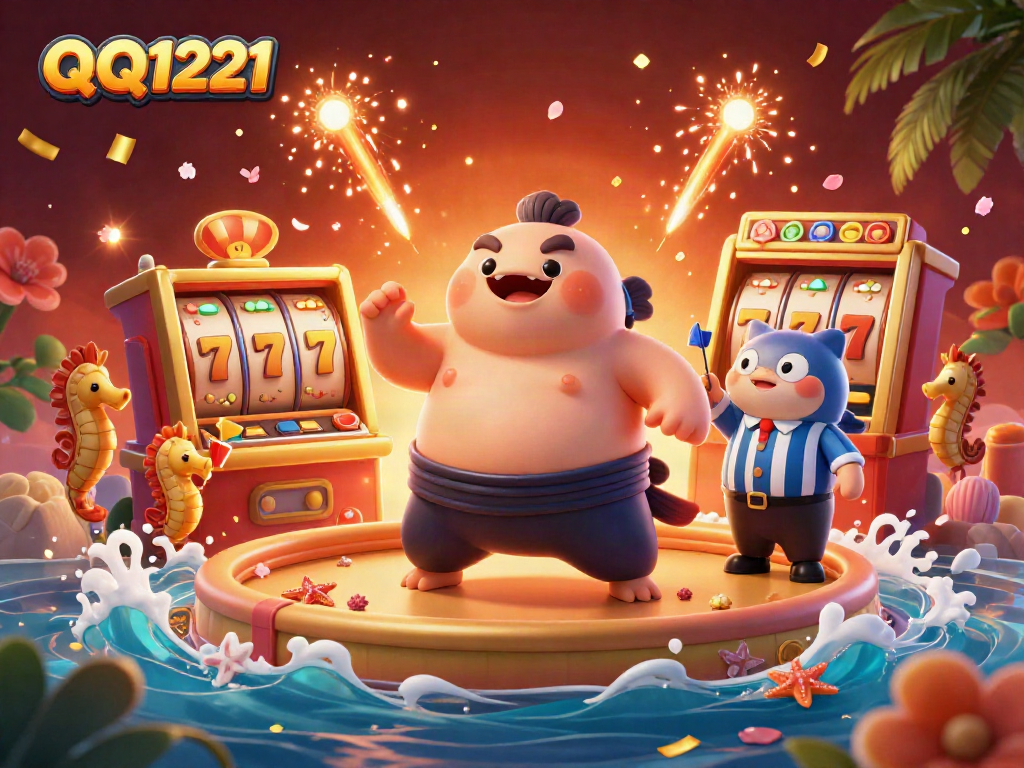 Engage with QQ1221's vibrant online casino world featuring celebratory slot visuals and a colorful underwater scene.