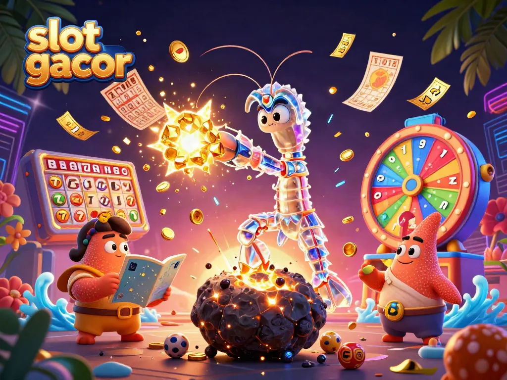 Experience thrilling slot gacor action with a cosmic mantis shrimp and vibrant game elements in a dynamic scene.