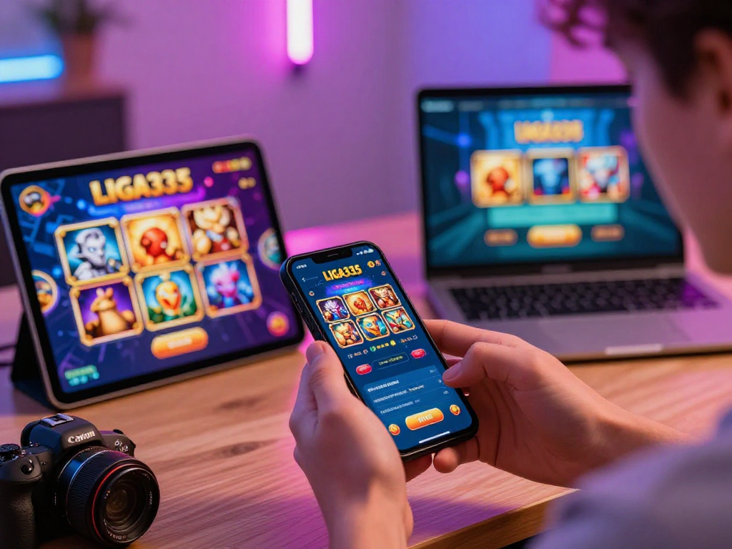 LIGA335 pengguna bermain slot digital di ponsel dengan antarmuka menarik dan suasana ceria.