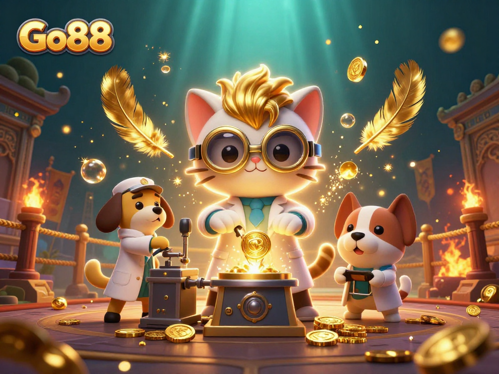 Experience the thrill of Go88 with an animated scene featuring a mad scientist cat creating coins amidst a rich casino setting.