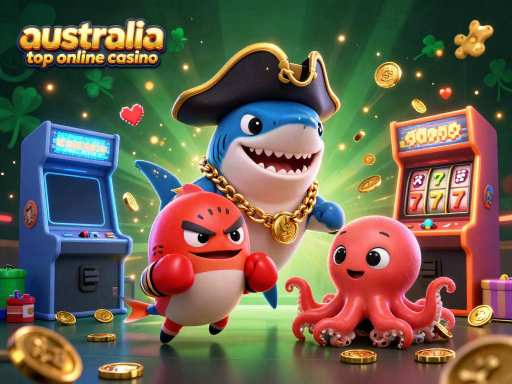 Engage with the vibrant scene of australia top online casino featuring a playful pirate shark, pufferfish, and octopus surrounded by slot machines.