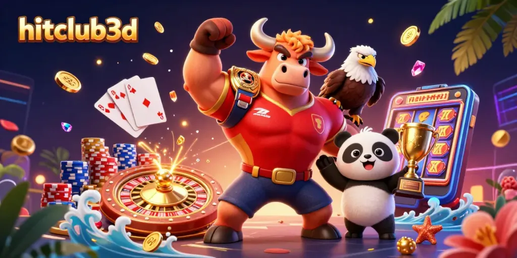 Hitclub3d victory scene showcasing a muscular bull, eagle, and panda amidst casino elements.