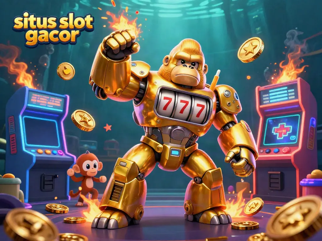 Situs slot gacor menampilkan ilustrasi kasino 3D dengan mekanik gorila dan mesin permainan berkilau.