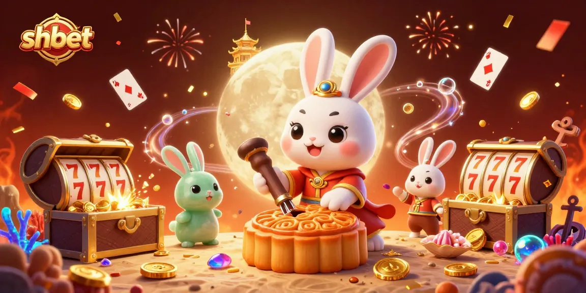Engage with shbet as a moon rabbit reveals poker chips, enhanced by vibrant gambling symbols.