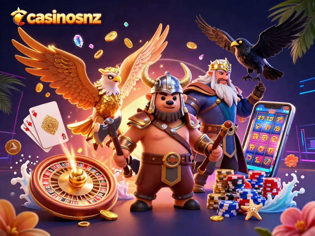Engage in thrilling gaming at casinosnz, featuring a Viking bear and Valkyrie eagle amidst vibrant casino elements.
