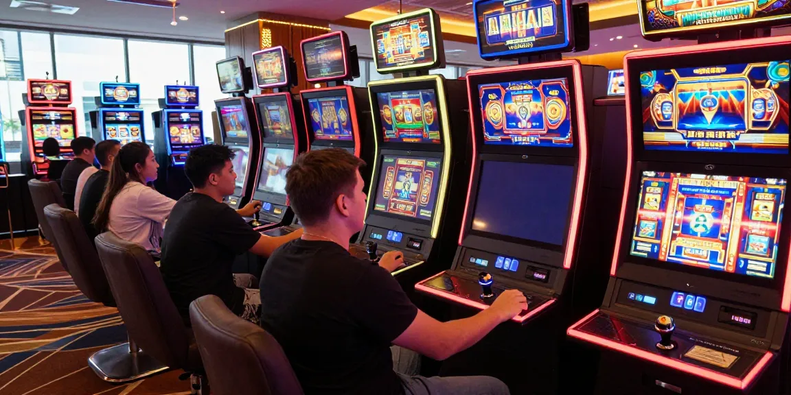 Players enjoying สล็อต games in a lively casino with vibrant lights.