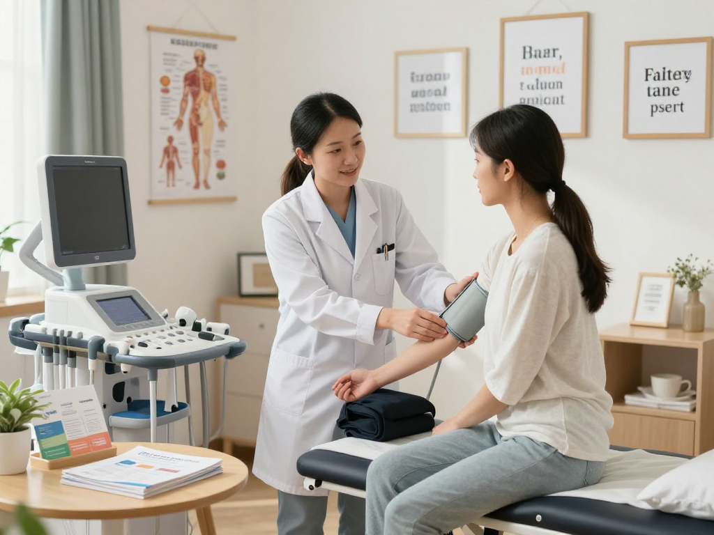 Full body checkup Abu Dhabi in a modern health center, showcasing patient interaction with a healthcare professional.