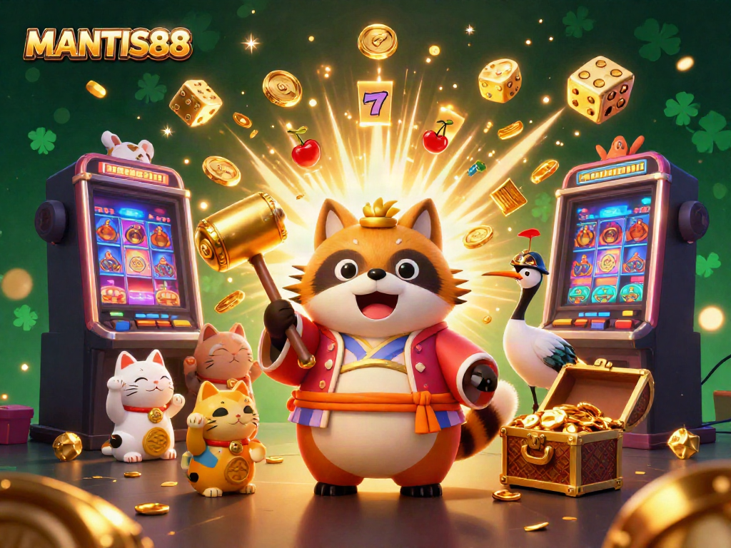 MANTIS88 showcases a vibrant 3D cartoon scene with a cheerful tanuki, festive symbols, and jackpot excitement.