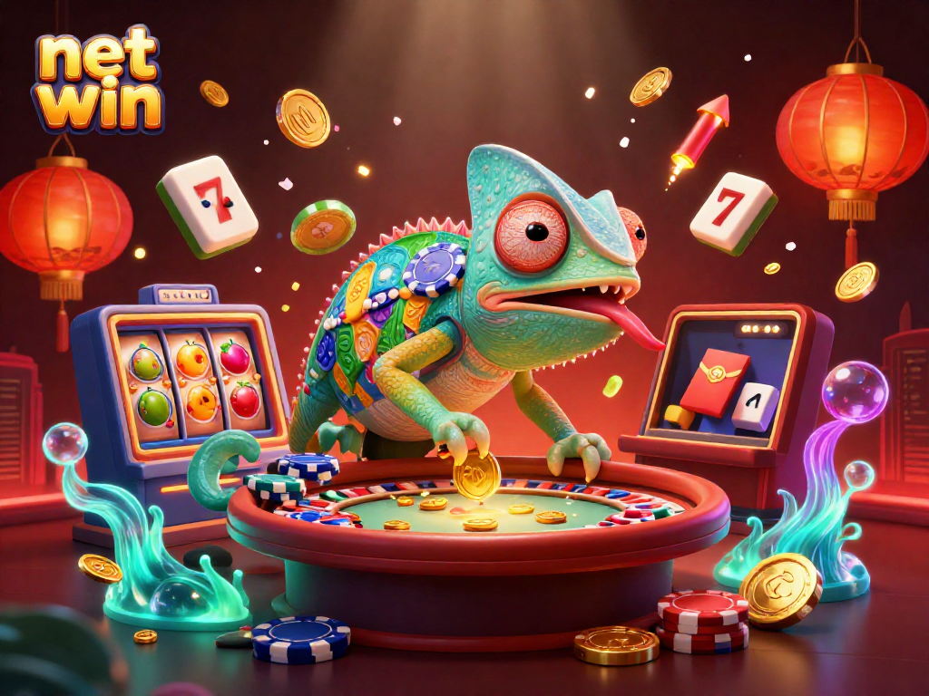 Experience a thrilling net win with our chameleon casino owner surrounded by vibrant slot reels and festive decor.