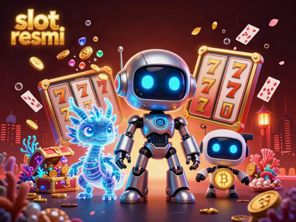 Spin the slot resmi with a cyberpunk robot and digital dragon in a vibrant casino scene