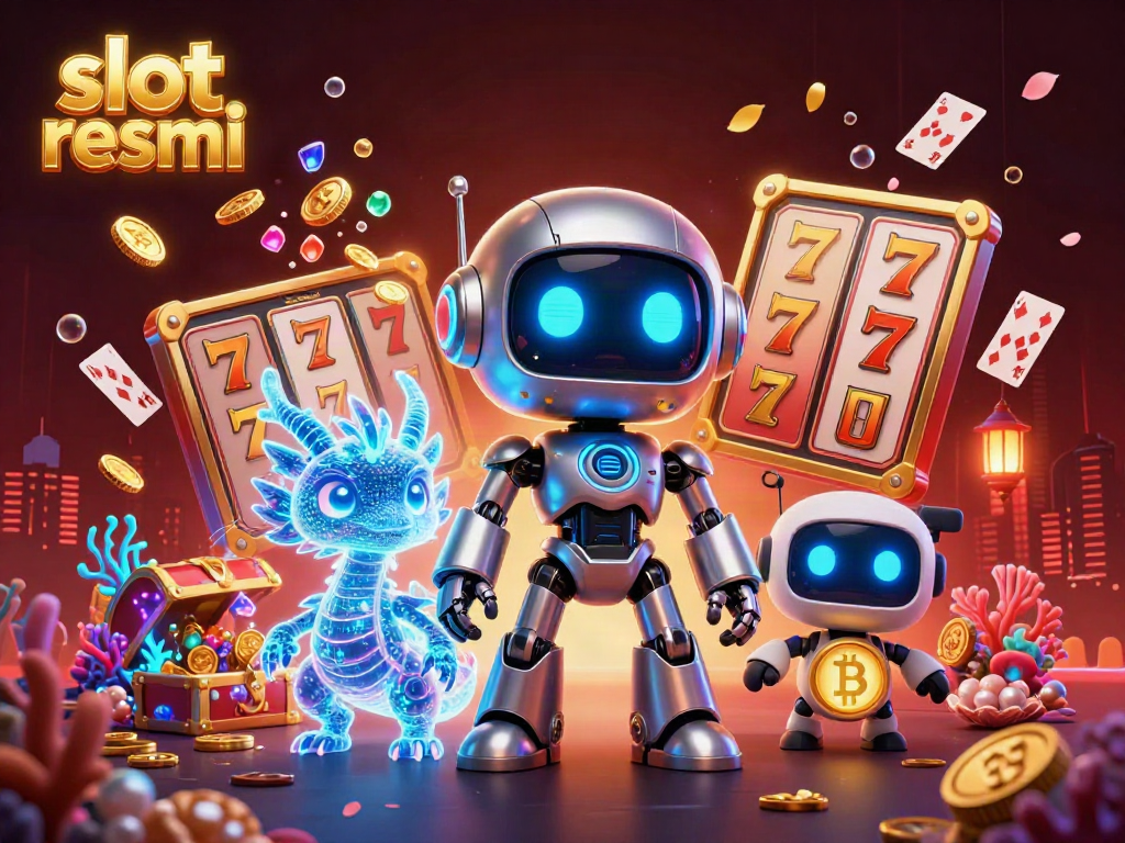 Spin the slot resmi with a cyberpunk robot and digital dragon in a vibrant casino scene
