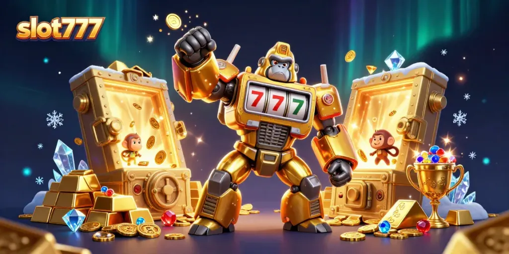 Experience thrill with slot777 featuring a golden gorilla mech surrounded by treasures and slot machines.