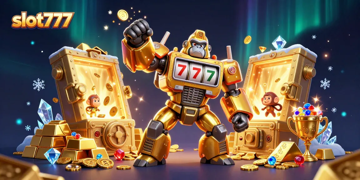 Experience thrill with slot777 featuring a golden gorilla mech surrounded by treasures and slot machines.