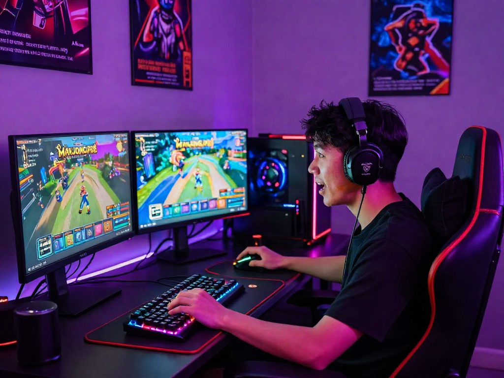 Engaged player enjoying Slot Gacor MAHJONGJP88 in a vibrant gaming setup.