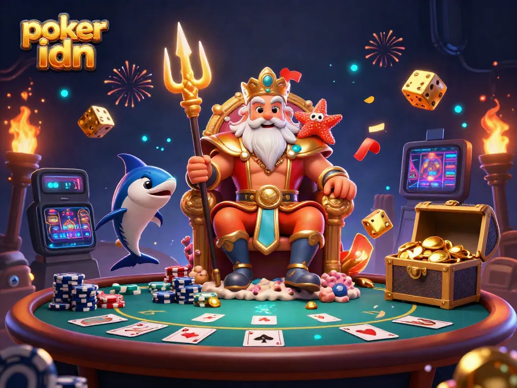 Permainan poker IDN menampilkan karakter laut, meja, dan elemen jackpot yang menarik.