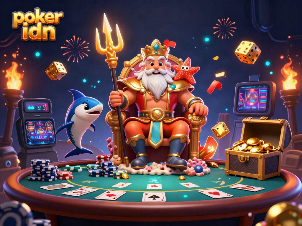 Permainan poker IDN menampilkan karakter laut, meja, dan elemen jackpot yang menarik.
