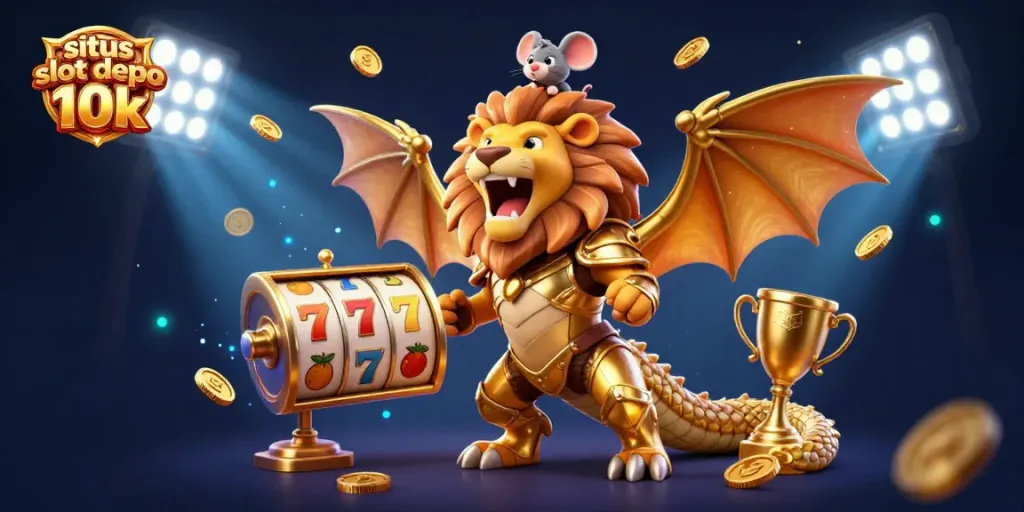 Situs slot depo 10k features a lively 3D scene with a chimera and slot elements showcasing a thrilling gambling experience.