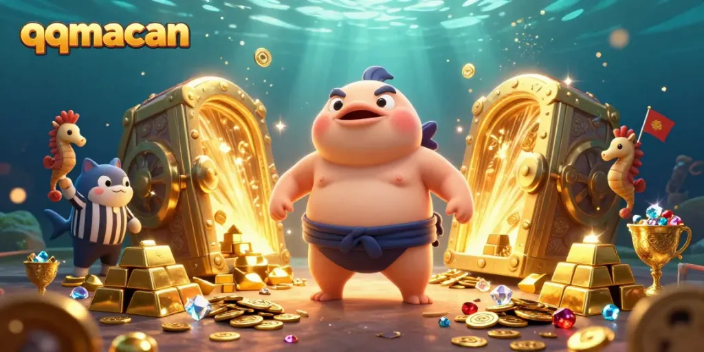 Experience the excitement of qqmacan with a vibrant underwater casino scene and dynamic characters.