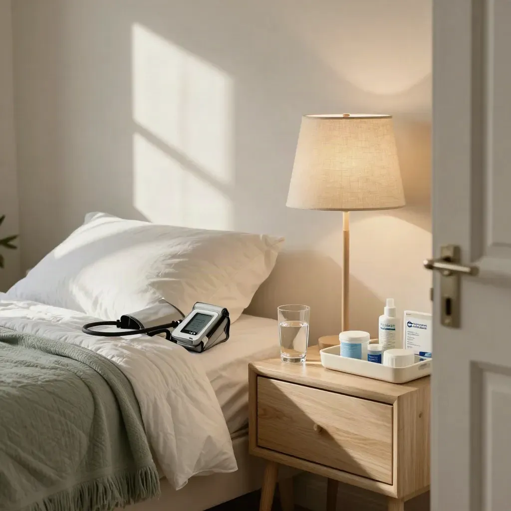 Home nurse visit bedroom with care tray, cuff, oximeter, lamp, and water glass by the bed.