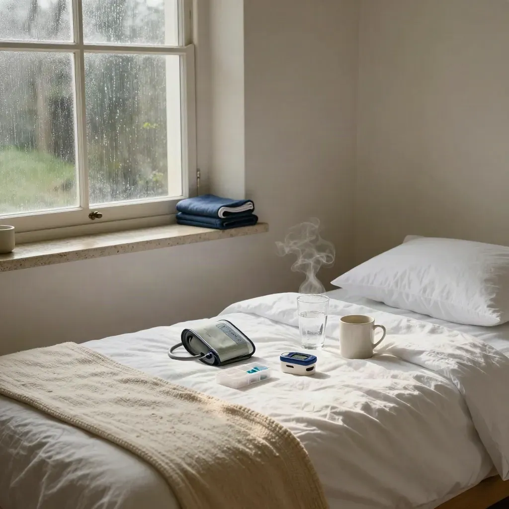 Rain-lit nursing recovery setup beside a bed with monitoring tools and steam.