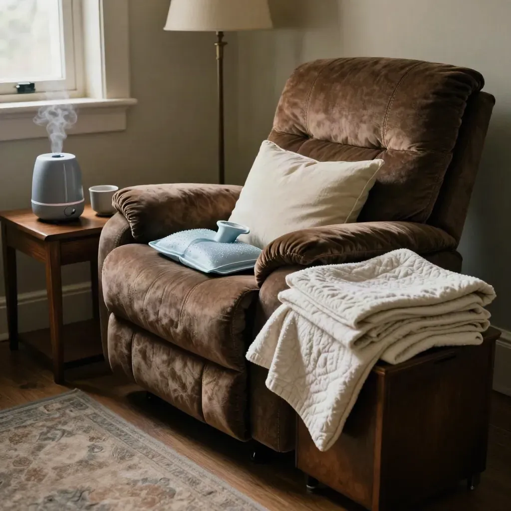 Post-surgery recovery nook with recliner, ice pack, meds cup, blanket, and humidifier steam