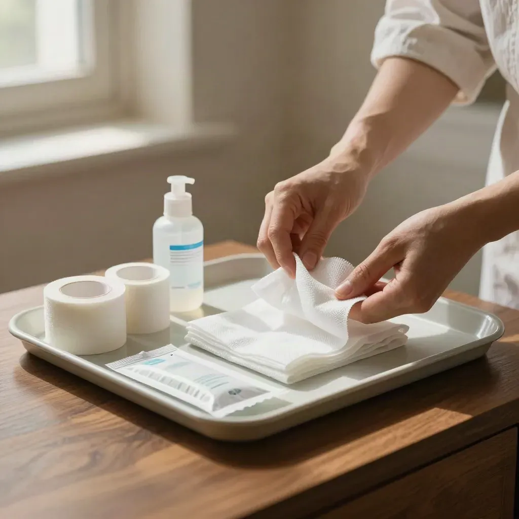 Bedside wound-care supplies on a tray with gauze, tape rolls, saline, and a sealed dressing pack.