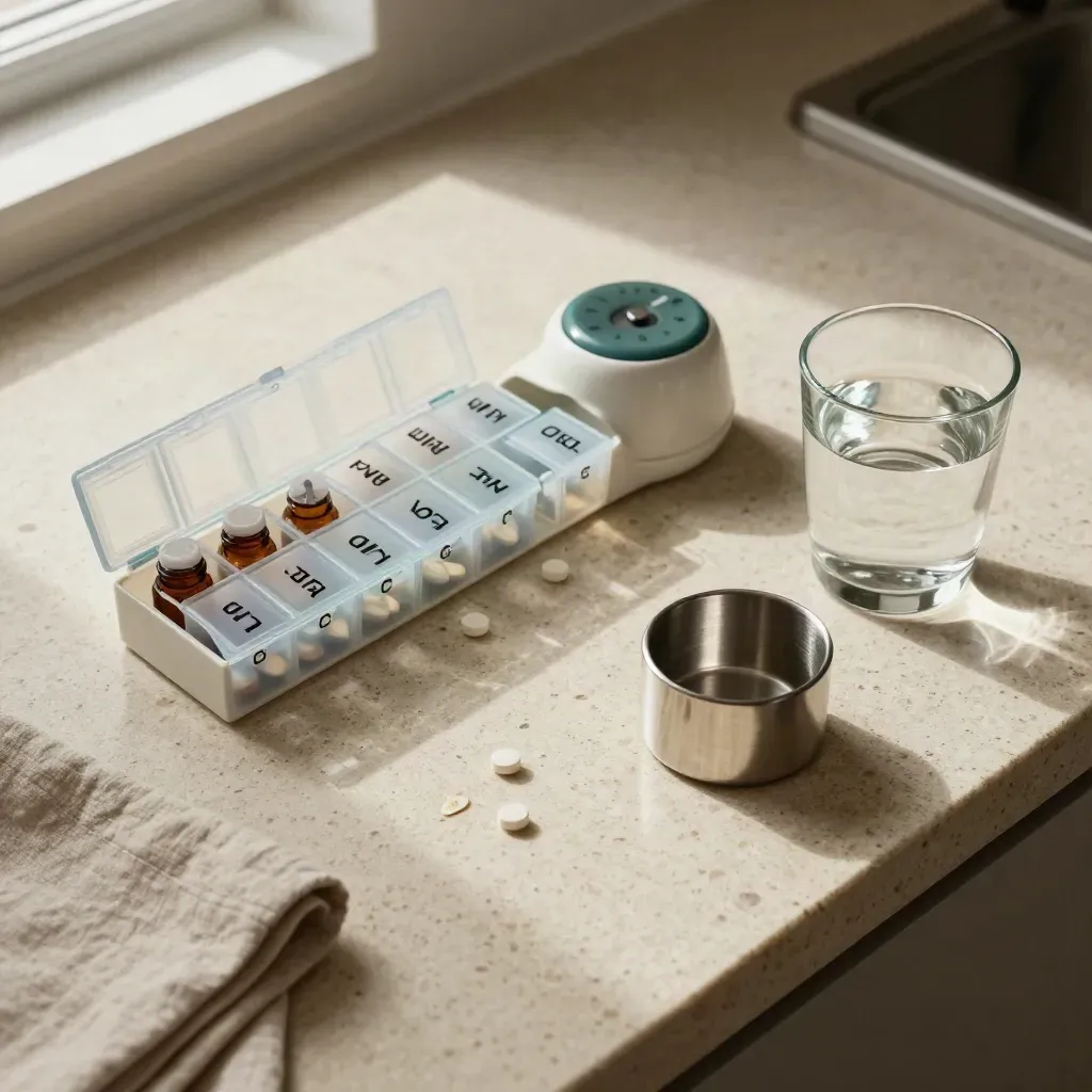 Pill organizer, amber bottles, timer and water glass on travertine counter, top-down.