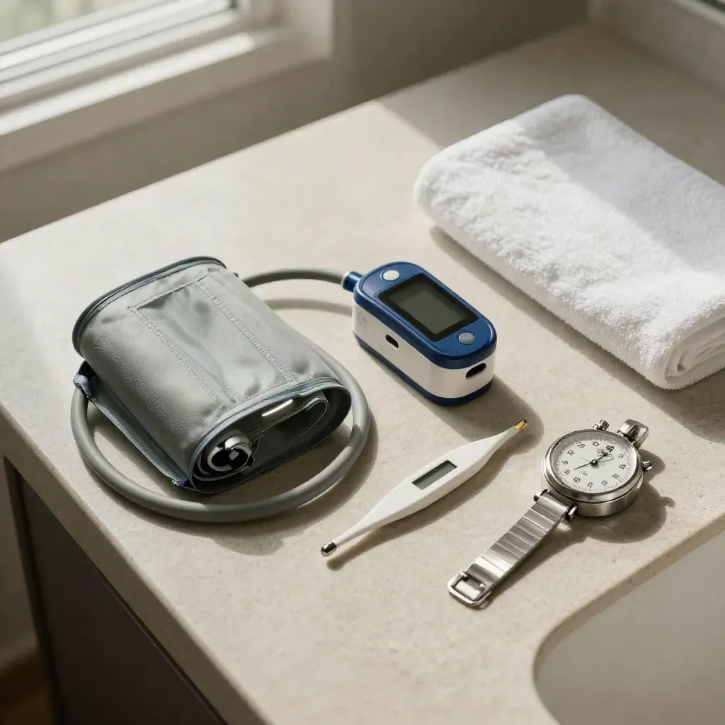 Vitals-check tools on a pale stone counter with towel, arranged diagonally in moody light.