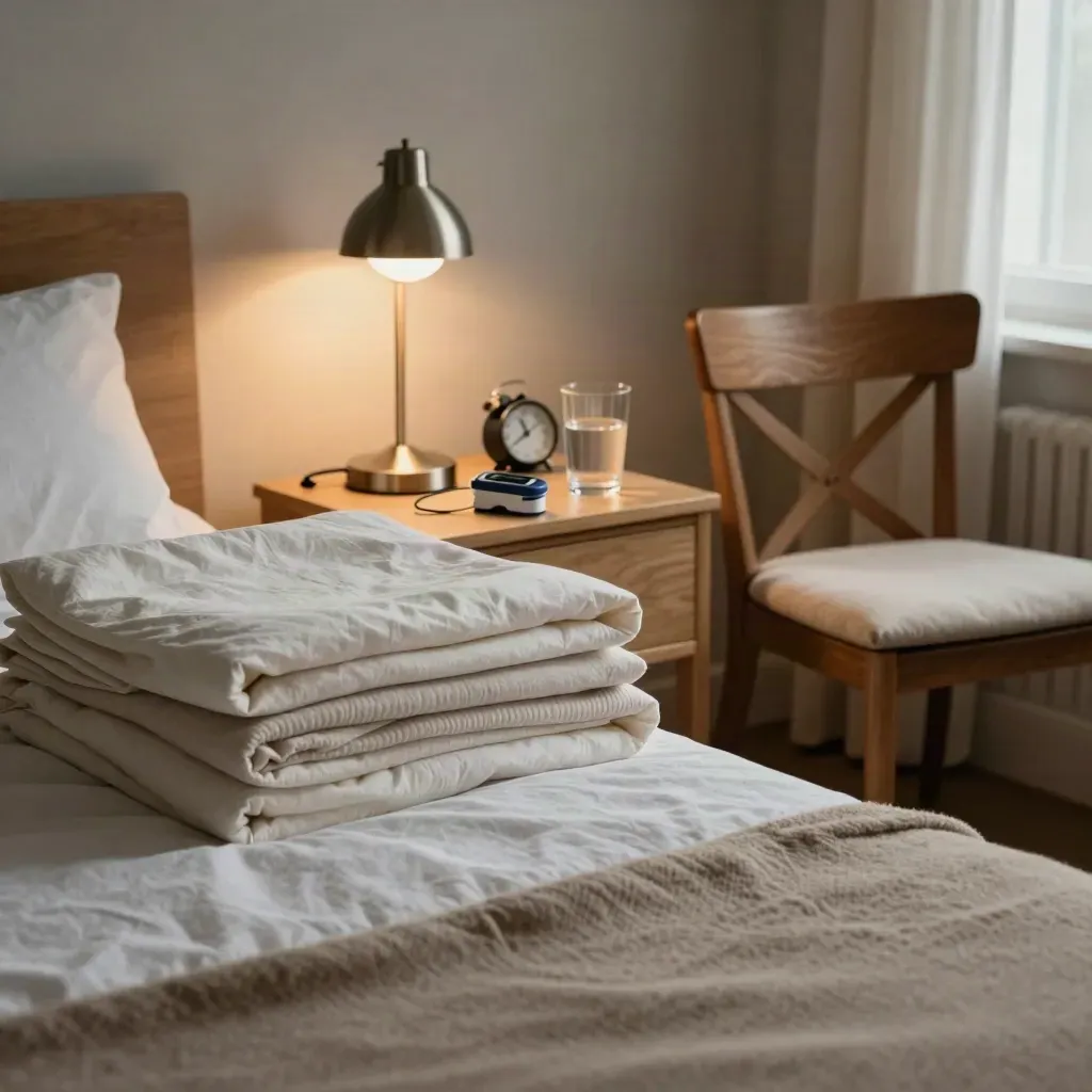 Prepared overnight respite room with lamp, linens, pulse oximeter, water glass and alarm clock.